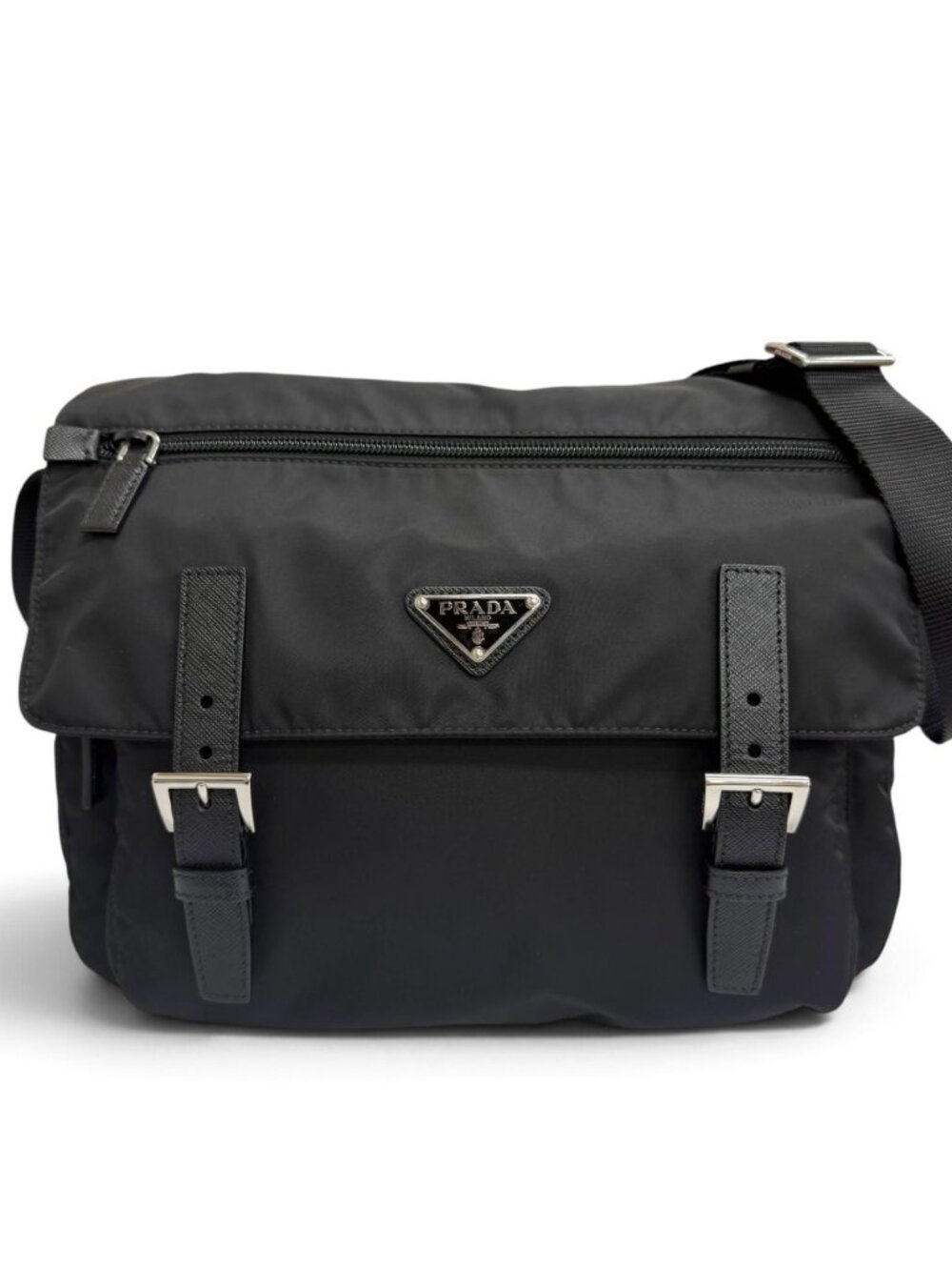 Prada Triangle Logo Re-Nylon Messenger Bag Black